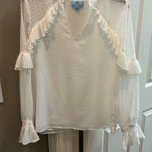 CeCe White Textured Ruffle Blouse